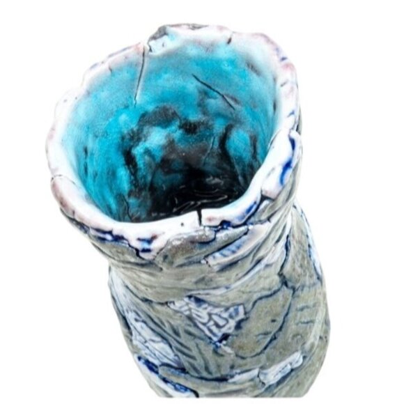 Handcrafted Patchwork Stoneware Vase Blue Grey Glaze Textured Handthrown Pottery - Picture 3 of 4